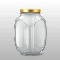 3D realistic illustration of a large glass jar with an embossed pattern and a gold lid. Ideal for food storage and decorative purposes. vector