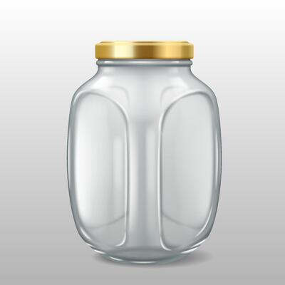 3D realistic illustration of a large glass jar with an embossed pattern and a gold lid. Ideal for food storage and decorative purposes.