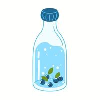 Illustration of a glass bottle filled with water and fresh blueberries, symbolizing natural hydration and antioxidant benefits. vector