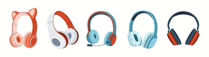 Stylish and colorful wireless headphones flat color icon set. Trendy headphones perfect for enjoying music objects pack on white background vector