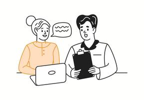Colleagues engaging in work discussion orange color linear icon. Employees collaborating on project strategy characters doodle illustration vector