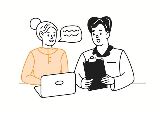 Colleagues engaging in work discussion orange color linear icon. Employees collaborating on project strategy characters doodle illustration