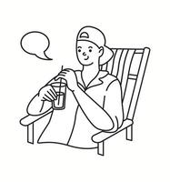 A young man enjoying a cold drink on a beach chair, talking with a speech bubble, expressing relaxation and summer fun in a black and white doodle-style illustration. vector