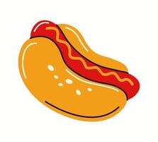 Flat illustration of a hot dog with a bun and mustard. Simple, cartoon-style design representing fast food culture. vector