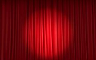 3D realistic illustration of red stage curtains with a dramatic spotlight effect, ideal for theater productions, cinematic openings, and stage events. vector