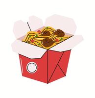 Illustration of a classic Asian takeout noodle box filled with delicious stir-fried noodles, meat, and vegetables, drawn in a modern and fun style. vector
