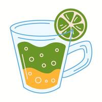 Illustration of a glass mug filled with kombucha featuring green and yellow layers with a lime garnish. A unique and artistic probiotic beverage. vector