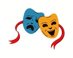 Illustration of classic comedy and tragedy theater masks, representing the duality of emotions in film and stage performances, drawn in a vibrant style. vector