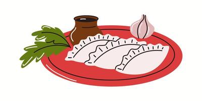 Illustration of classic Asian dumplings arranged on a red plate, garnished with fresh herbs and served with a flavorful dipping sauce, drawn in a stylish style. vector