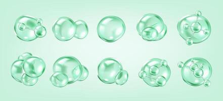 Collagen molecules bouncing inside bubbles realistic color icons set. Skincare scientific 3d objects bundle on green background vector
