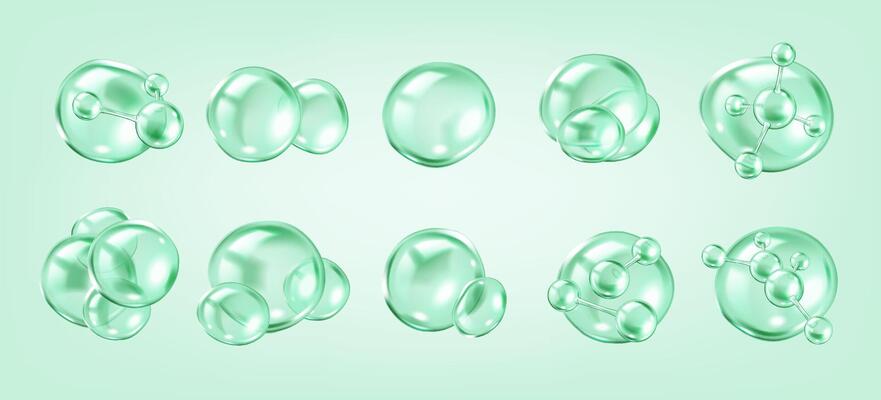 Collagen molecules bouncing inside bubbles realistic color icons set. Skincare scientific 3d objects bundle on green background