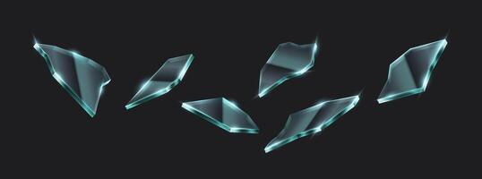 Realistic 3D illustration of floating glass shards on a dark background, featuring sharp edges and glowing reflections. Ideal for dramatic visuals and destruction effects. vector