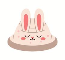 Illustration of a soft, cozy bunny-themed bucket hat with long floppy ears and a cute sleeping face, designed for adorable kids' outfits. vector