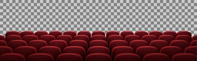 3D-rendered image of a movie theater seating arrangement with plush red chairs in a semi-circular layout. The perspective emphasizes the immersive experience of a theater setting. vector