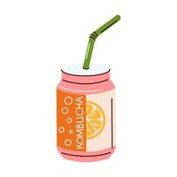 Modern illustration of a canned kombucha drink with a citrus label and a straw. A stylish and convenient probiotic beverage concept. vector