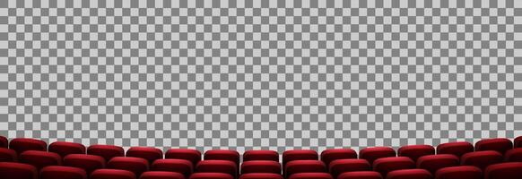 A high-quality 3D illustration showing the front row perspective of red velvet cinema seats. The arrangement creates a sense of depth and immersion. vector