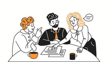 Coworkers solve business tasks at desk in office orange color linear icon. Businesspeople discuss report characters doodle illustration vector