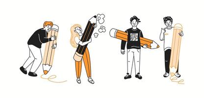 Students collaborate on group project color linear icons collection. Pupils with oversized pencils draw colorful pictures doodle characters on white background vector
