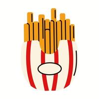 Flat illustration of a pack of crispy French fries served in a striped fast-food style container. Minimal and modern food design. vector