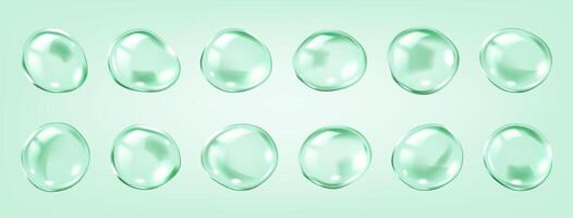 Translucent bubbles encapsulating collagen molecules realistic color icons set. Scientific research of skincare 3d objects bundle on green vector