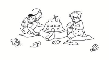Two kids playing on the beach, building a detailed sandcastle together, surrounded by seashells and sand, drawn in a playful doodle-style. vector
