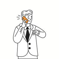 Irritated man talks on phone checking time orange color linear icon. Businessman in suit reflects impatience character doodle illustration vector