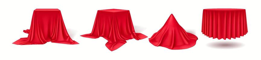 Red silk and satin fabrics draping forming shapes realistic color icons set. Anticipation of elegant unveiling 3d objects bundle on white vector