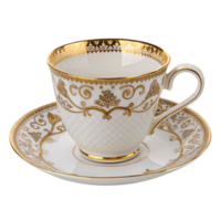 Refined teacup with a textured surface, featuring golden regal motifs and a scalloped rim, paired with an intricately detailed saucer png