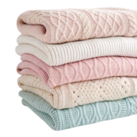 A neatly stacked array of folded pastel and neutral sweaters in pink, cream, and mint, showcasing various intricate knitting patterns png