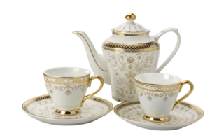 Compact tea set with a teapot and two cups. Detailed golden floral patterns add elegance and luxury png