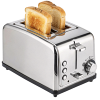 A glossy chrome toaster featuring artisan design and detailed buttons. Two perfectly browned toast slices protrude, showcasing both utility and elegance png