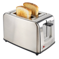 A metallic toaster, minimalist in design with a slightly rounded shape. Red indicator light complements its polished silver body with sturdy controls png
