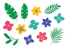 Exotic flowers and tropical leaves set. Palm and banana branch, plumeria and other. Colorful summer collection. Wild jungle greenery. Flat illustration isolated on white background vector