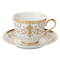 Elegant white teacup with golden floral patterns and matching saucer, showcasing luxurious craftsmanship with intricate filigree designs and ornate detailing png
