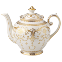 Ornate porcelain teapot adorned with intricate golden patterns and delicate detailing, blending luxury with timeless tea-drinking tradition png
