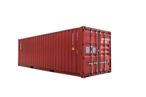 A red shipping container with locking mechanisms and labels, photographed at an angle to display its textured surface and warning sign png