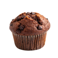 A dark chocolate muffin with a smoother dome and embedded chocolate chunks. A decadent treat for dessert lovers png