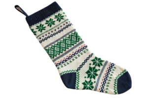 A cream-colored stocking with green and navy snowflake patterns, including diamond motifs, detailed with a textured knit design and hanging loop png