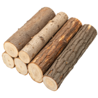 Stacked tree logs with visible bark and light wood cross-sections, neatly arranged for a rustic aesthetic png