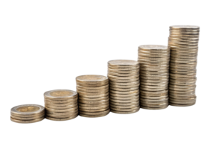 Neatly arranged coin stacks growing in height from left to right, representing wealth accumulation, economic growth, or financial strategy in a minimalistic style png