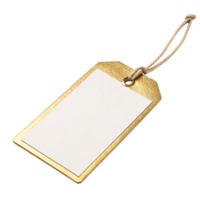 A rectangular tag with a gold border and blank white center, attached to a soft string loop for a premium finish png