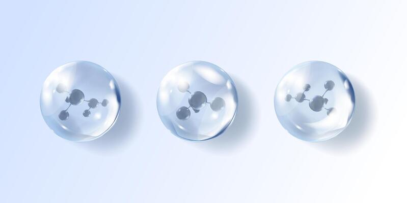 Transparent bubbles and molecules inside hyaluronic acid bubbles. Skin care product.