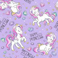 Happy little princesses with unicorns and diamonds on a purple background vector