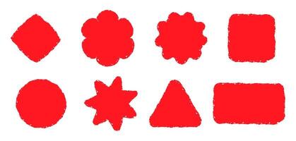 Stamps of different shapes with red texture. Grunge circle, square, rectangle and triangle. Star and flower stamp. vector