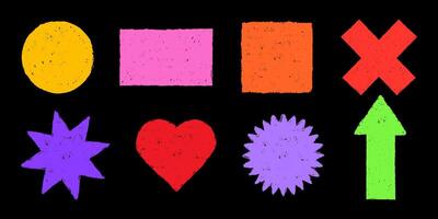 Geometric shapes drawn with crayon. Texture in the form of circle, square, rectangle and arrow. Grunge heart. Star figure. vector