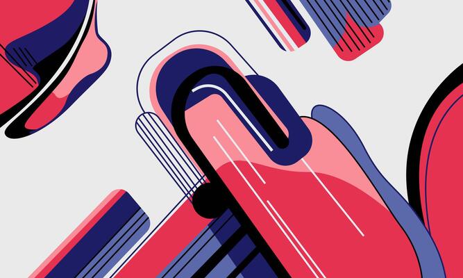 A colorful abstract design with a red, blue and pink background