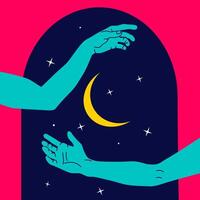 Magical poster with male hands. Stars and moon, vivid colors, minimalistic retroactive style. vector