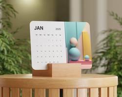 Minimalist horizontal desk calendar mockup on wooden table with comfortable interior background psd