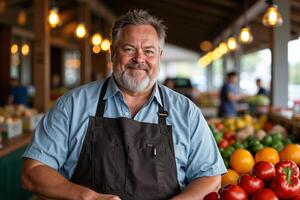 Man wearing a blue shirt and brown apron, presumably a butcher or chef, is smiling at the camera while standing behind a counter with various fruits and vegetables on display. photo
