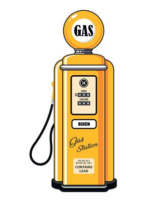 yellow retro gas station with indicator on white background